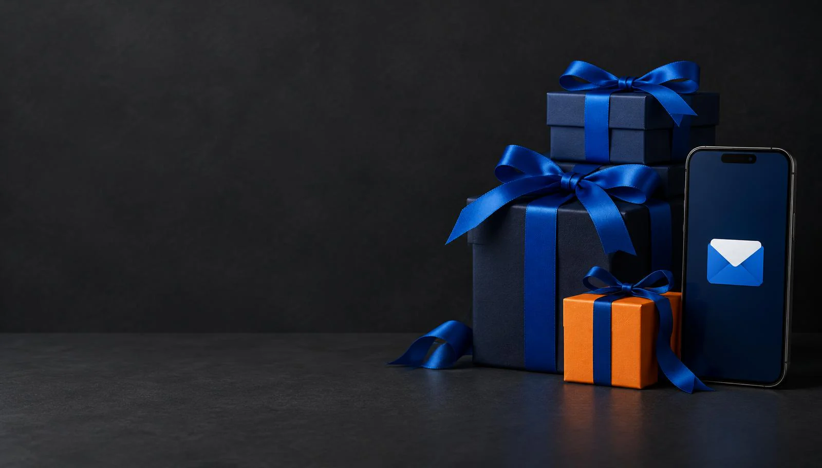 Blue-ribbon gift boxes and a phone displaying an email envelope