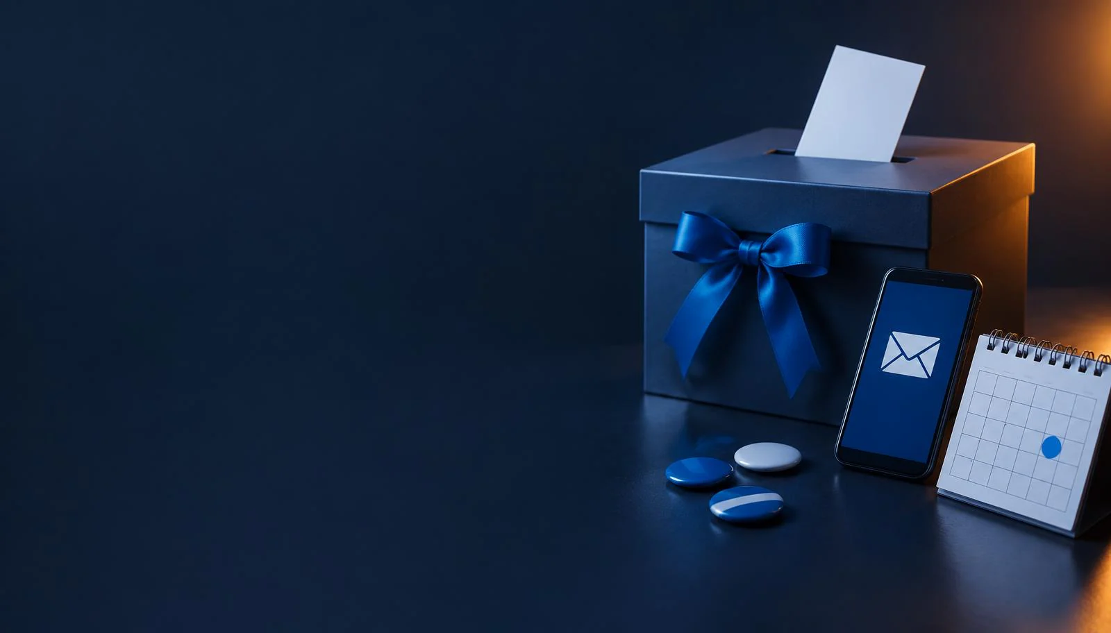A ballot box, campaign buttons and a phone displaying an email envelope