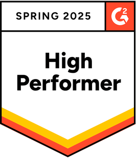 A badge with the G2 logo and text Spring 2025 High Performer in bold letters. The bottom edge features yellow, orange, and red stripes.