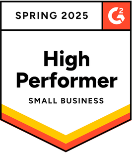 Badge with Spring 2025 at the top, G2 logo in the corner, and High Performer Small Business in bold text, with yellow, orange, and red stripes at the bottom.