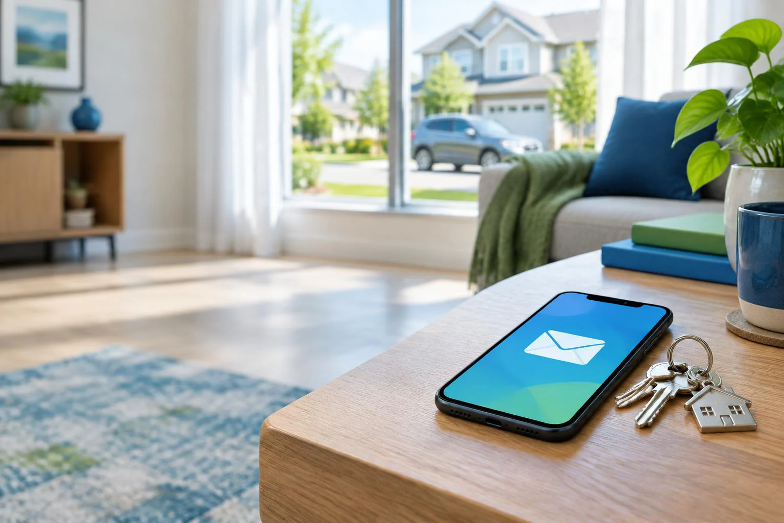 Phone with an email envelope beside house keys in a home