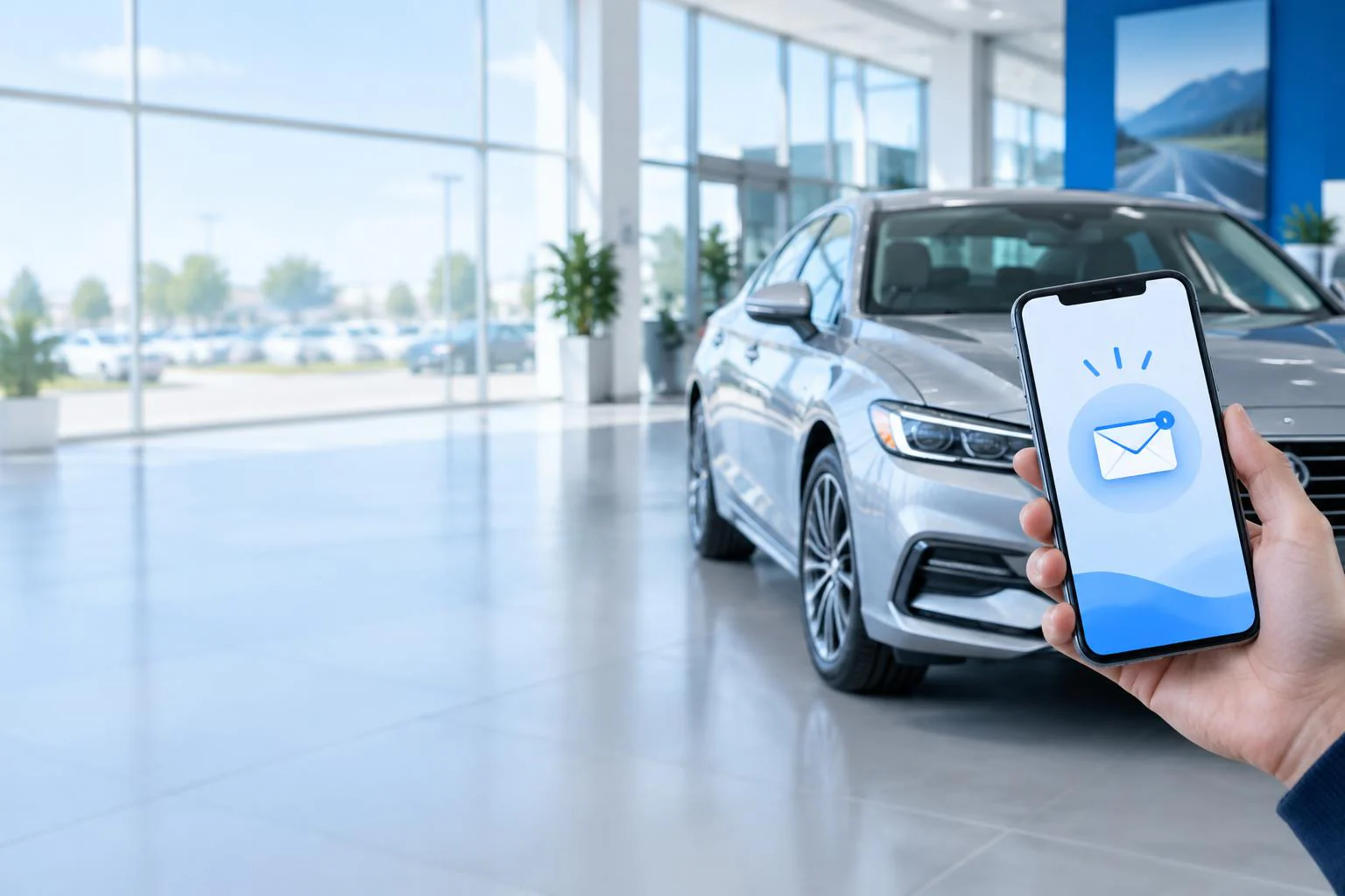 Car showroom with a phone displaying an email envelope
