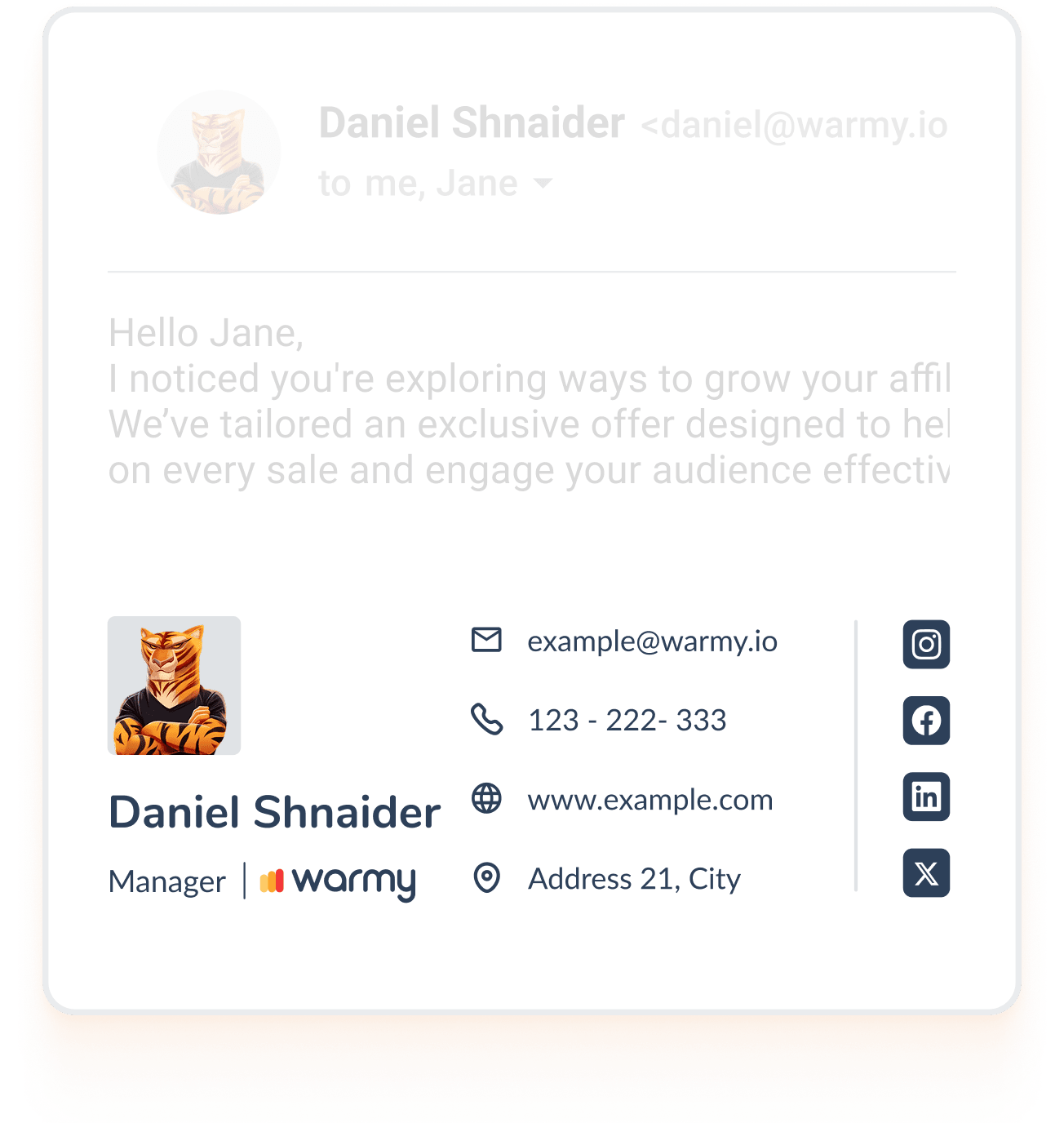 Email signature builder preview with a sample signature